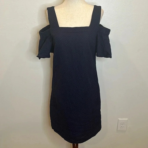 JCREW NAVY BLUE WOVEN TEXTURED COLD SHOULDER DRESS SIDE ZIP - Picture 2 of 10